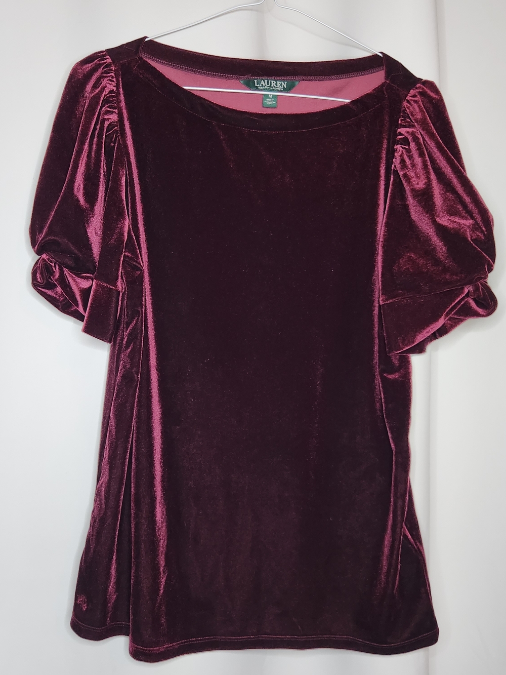 Lauren Ralph Lauren Velour Puff Short Sleeve Top Round Neck